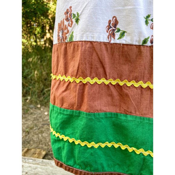 Vintage Brown Green Floral Long Half Apron Ric-rac Farmhouse - Picture 6 of 11